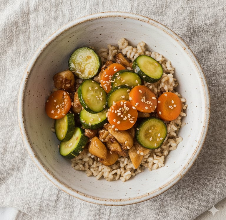 Riso, pollo, zucchine e carote