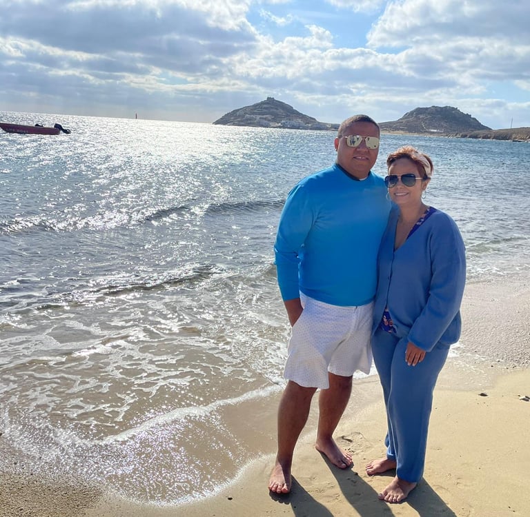 My Wife and I on a beautiful Beach in Mykonos, Greece