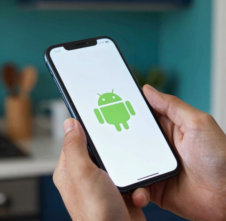 A close-up of hands holding an Android smartphone in a bright North American / US kitchen, the screen glowing softly, modern and innovative vibe, deep teal and dark navy blue background elements, high-quality photography.