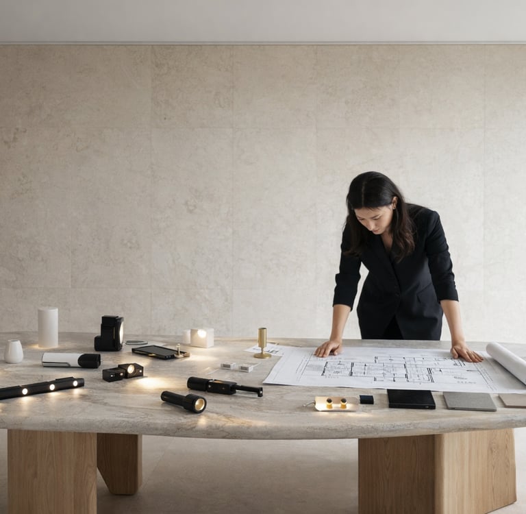 Arquiteta analisando projeto de iluminação com luminárias e plantas arquitetônicas em estúdio contemporâneo