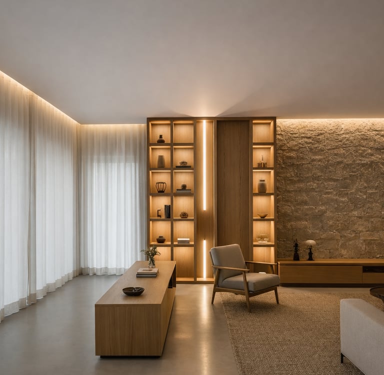 Projeto de iluminação residencial com luz indireta destacando estante e materiais naturais em ambien