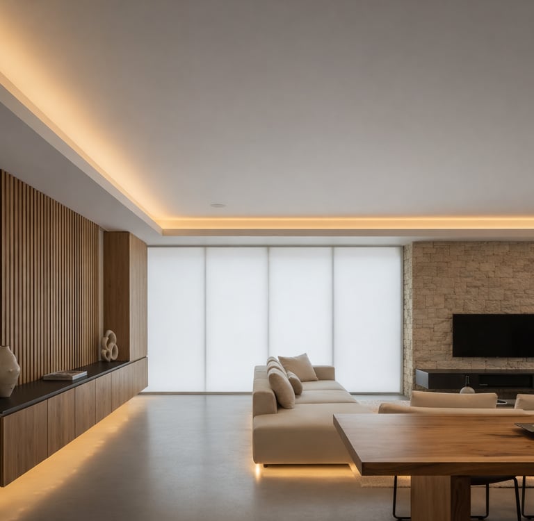 Projeto de iluminação residencial com luz indireta integrada ao teto e mobiliário em ambiente contemporâneo acolhedor