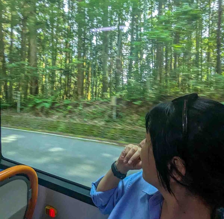 Woman looking out a bus window at lush green forest during a day trip from Shizuoka, Japan.