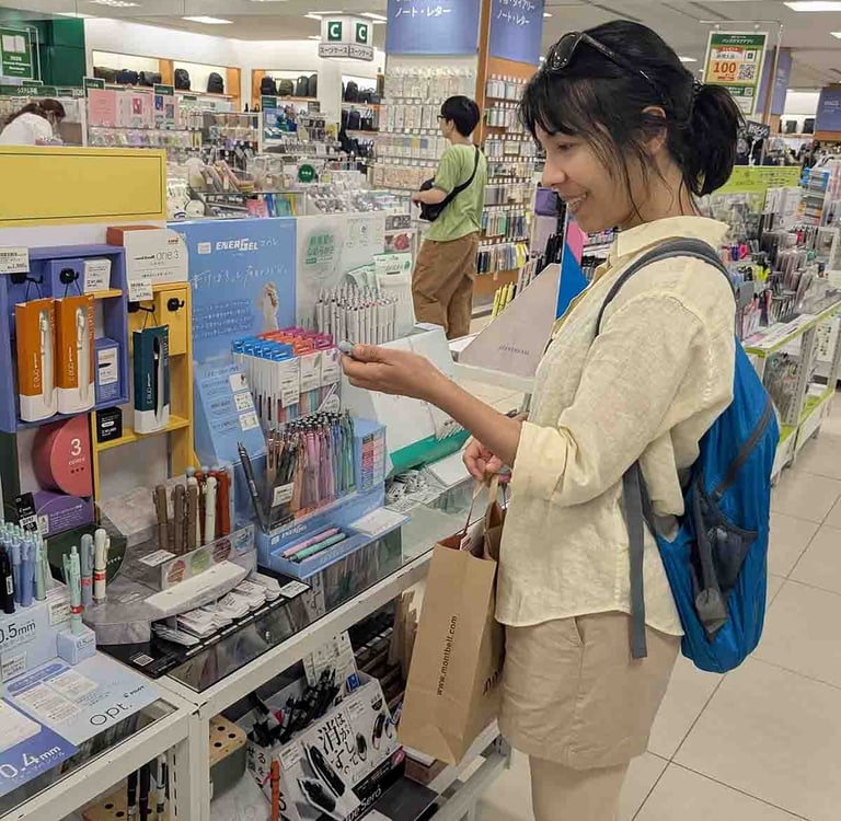Woman browsing Japanese stationery and pens in a department store in Shizuoka, Japan.