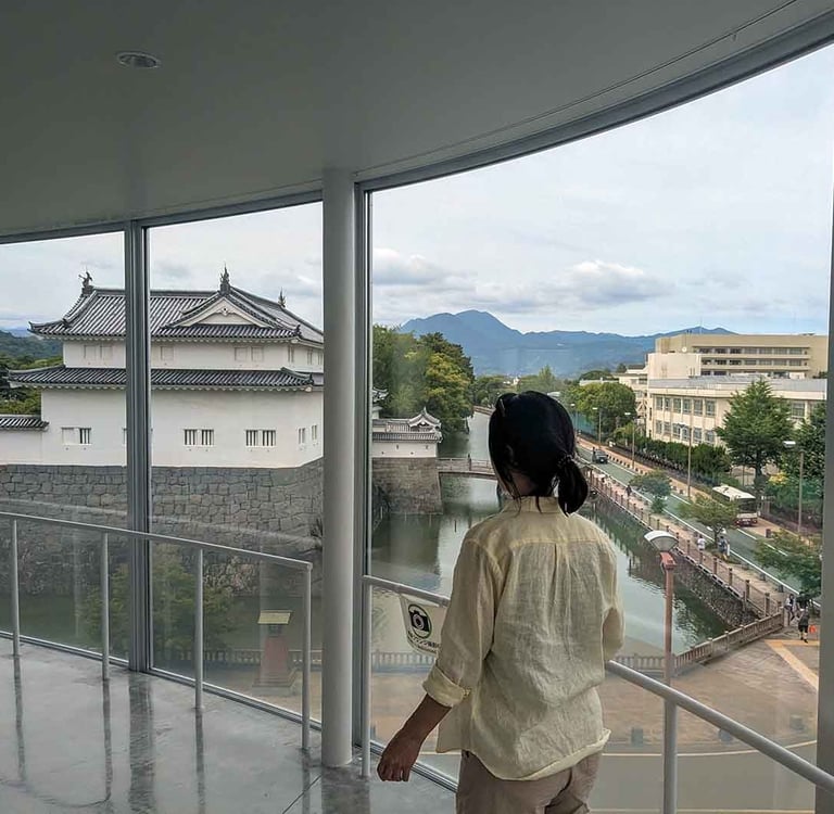 Woman looking out over Sunpu Castle and the surrounding cityscape in Shizuoka, Japan.