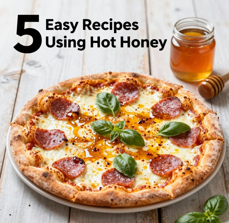 Freshly baked pepperoni pizza drizzled with hot honey and topped with basil leaves.