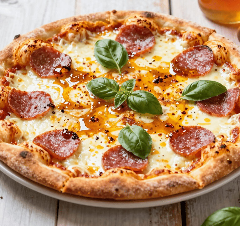 Freshly baked pepperoni pizza with hot honey drizzle and basil on a rustic wooden table.