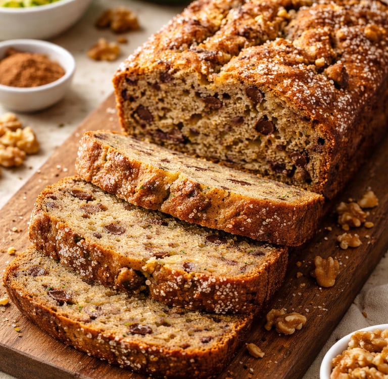 Sliced homemade zucchini bread with chocolate chips and walnuts on a wooden board.