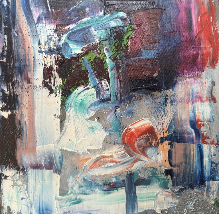 Abstract oil painting with thick textures of blue, red, and white palette knife strokes on canvas.