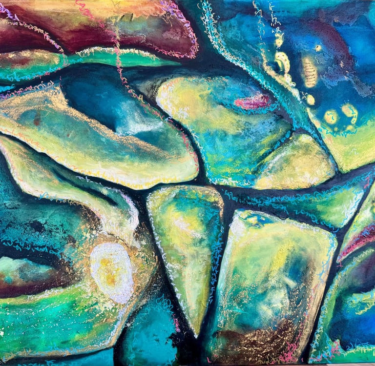 Abstract acrylic canvas painting featuring organic teal, green, and gold shapes with vibrant textures.