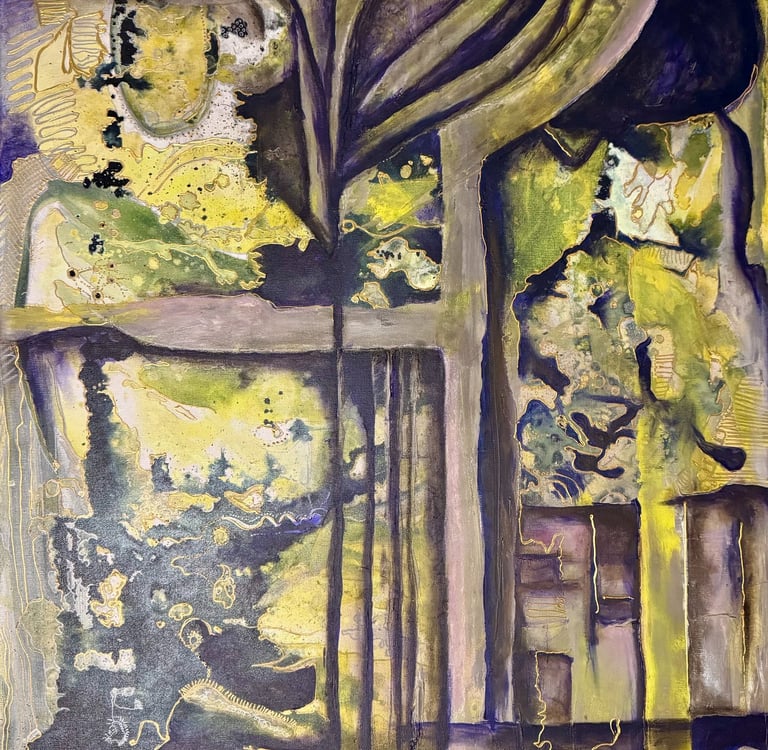 Abstract contemporary oil painting with expressive brushstrokes in yellow, purple, and green tones.