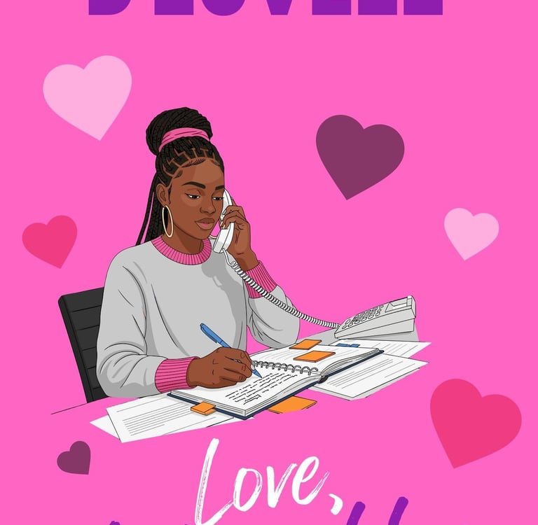 Contemporary romance book cover for Love, Literally by D Lovell featuring a woman writing at a desk.