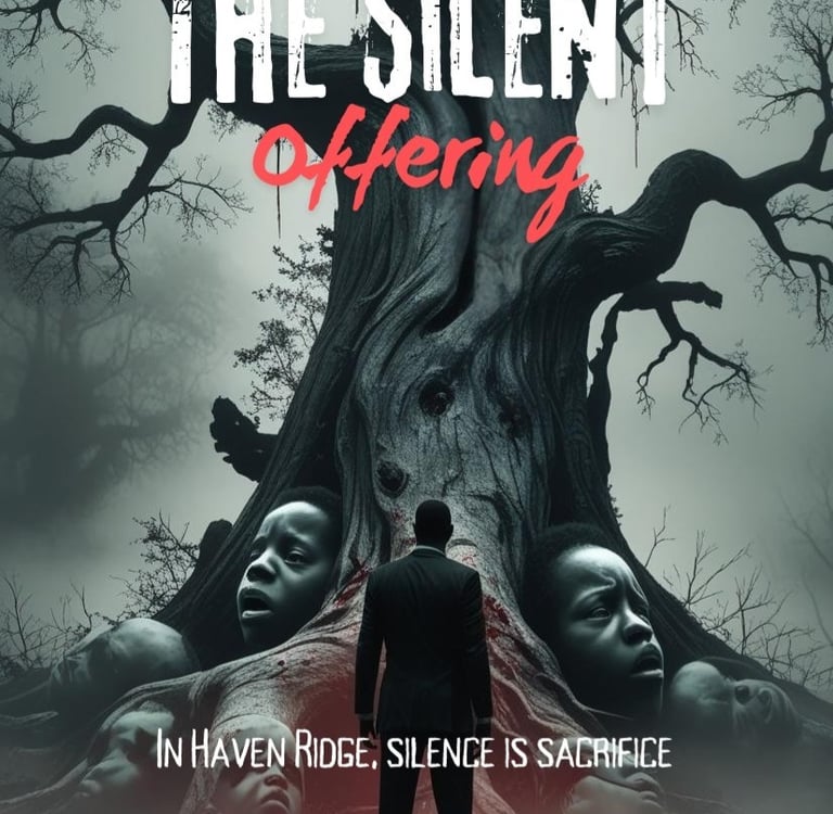 Horror book cover for The Silent Offering by D Lovell featuring a spooky tree with human faces in the roots.