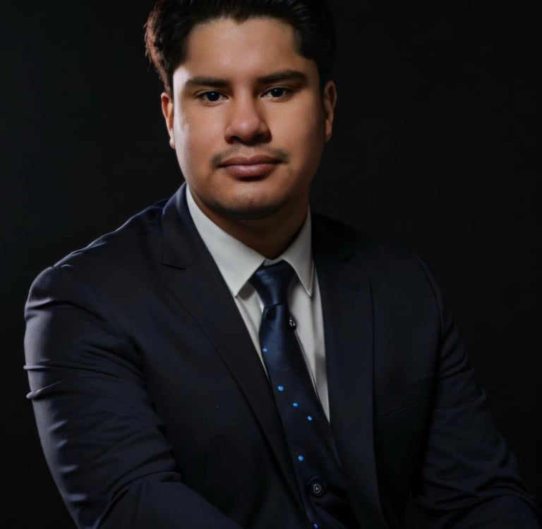 Professional corporate headshot of a young man in a navy blue suit and silk tie against a dark background.