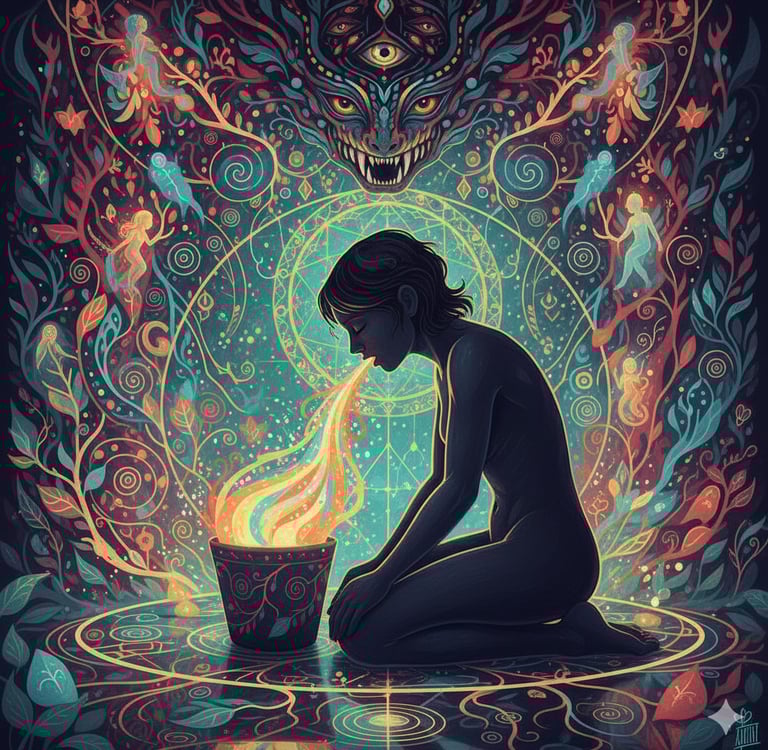 Imagem visionária do processo de limpeza espiritual em ritual de Ayahuasca.