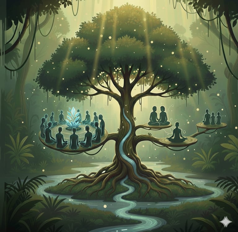 Ilustração de rituais de Ayahuasca em grupo, casal, individuais e pequenos grupos na floresta.