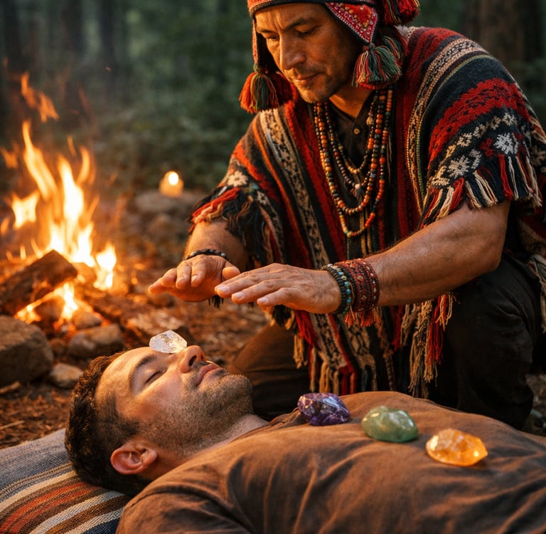 Representação da cura com as pedras e mãos