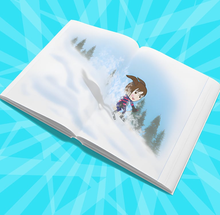 “Open children’s book with a girl skiing down a snowy hill among pine trees — playful winter illustration.”