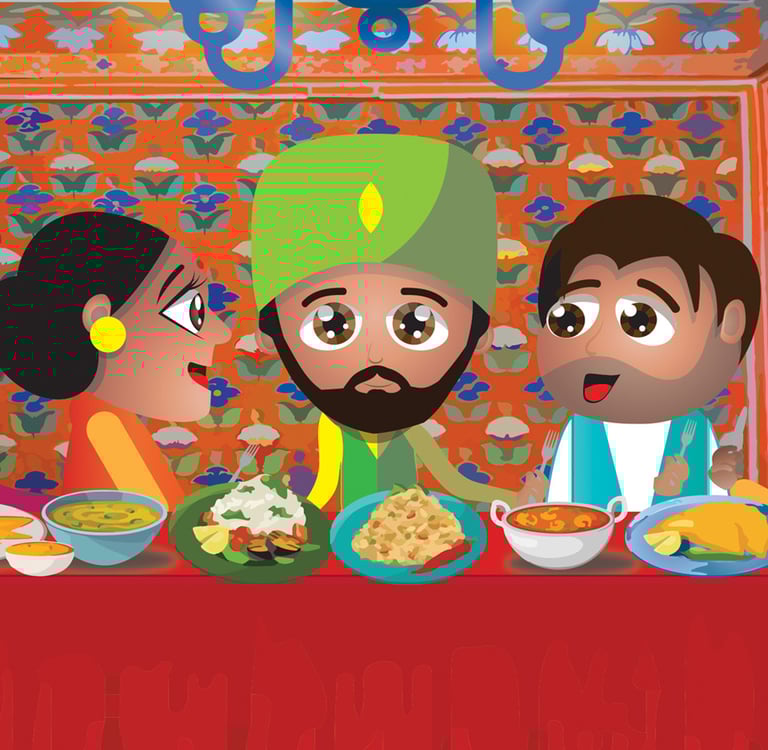 “Festive scene of characters sharing food at a decorated table — cultural children’s illustration.”