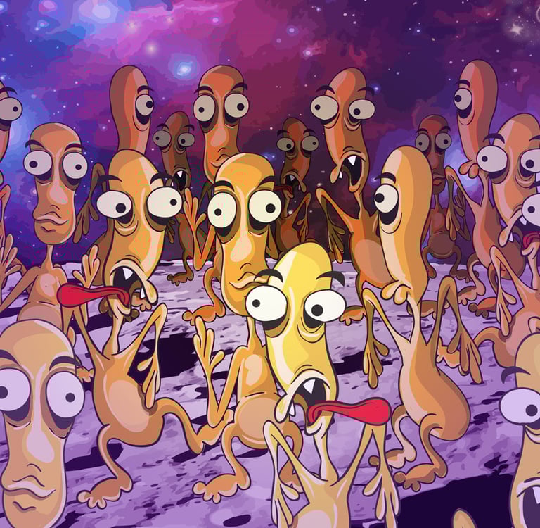 “Group of expressive orange critters with surprised faces in a playful cartoon style - fun character illustration for kids.”