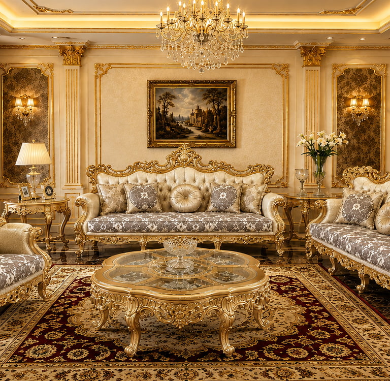 Luxurious baroque living room featuring ornate gold-leaf furniture, crystal chandelier, and classic oil painting.