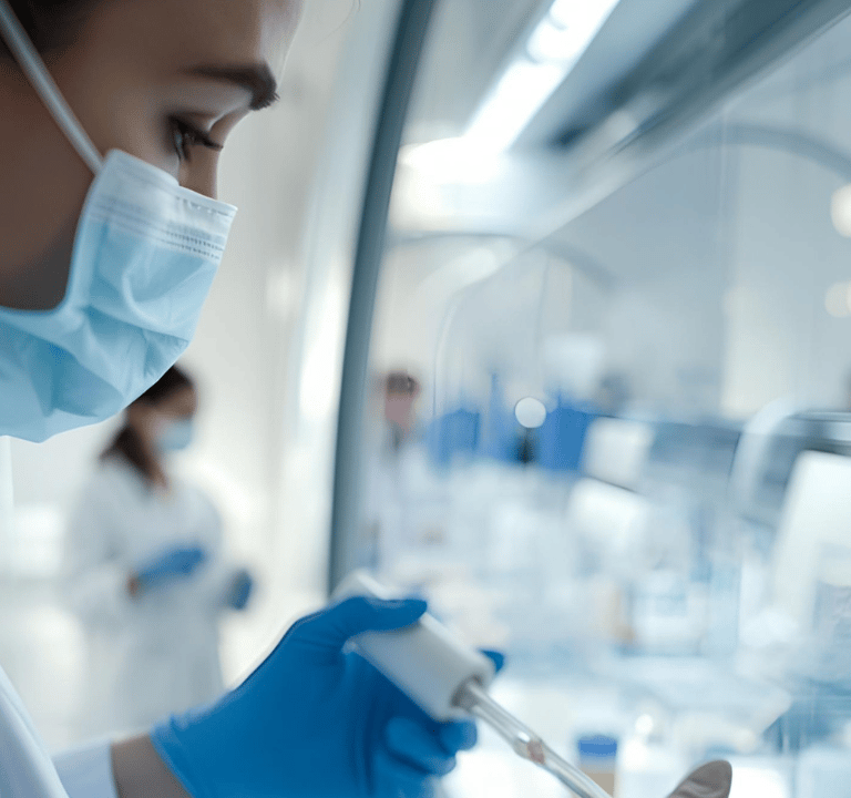Жінка-науковець у лабораторній масці та рукавичках використовує піпетку для досліджень у стерильній 