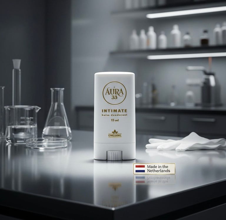Дезодорант-бальзам для інтимної гігієни AURA 33 у лабораторних умовах з лабораторним посудом та етик