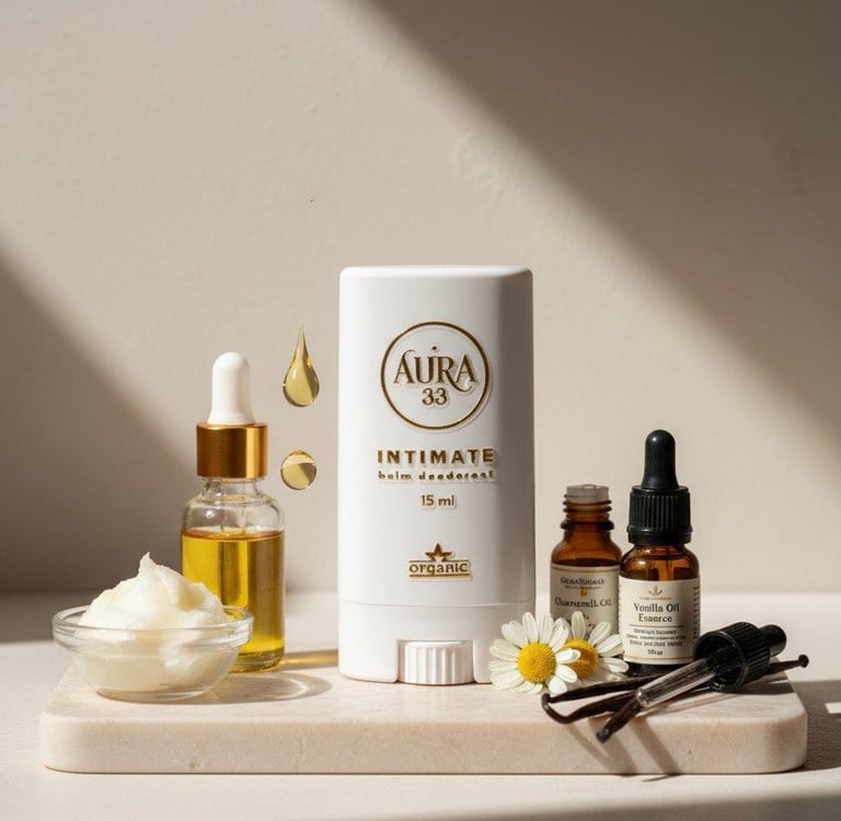 Органічний інтимний дезодорант-бальзам AURA 33 з натуральними ефірними оліями та флакончиками з вані