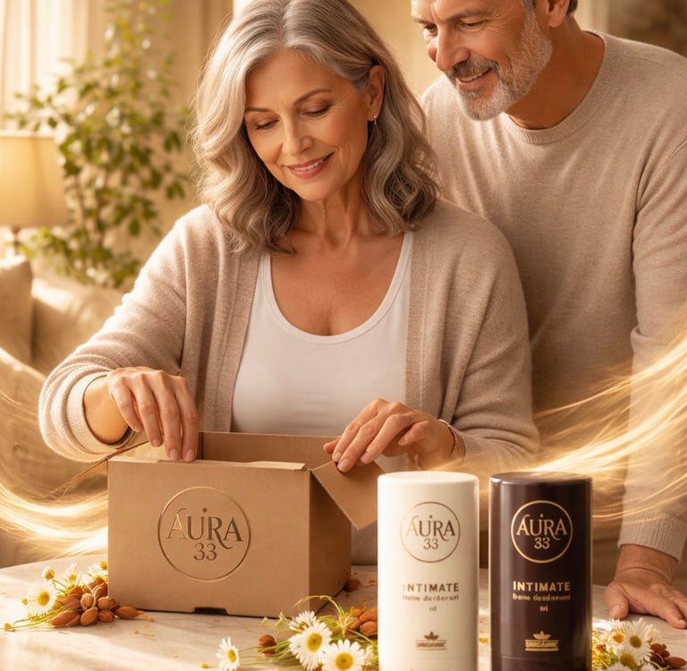 Усміхнена зріла пара відкриває подарункову коробку Aura 33 поруч із інтимними дезодорантами-бальзама