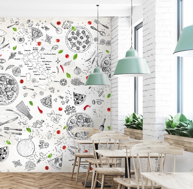 Pizzeria wall design on Dimense Media Matt