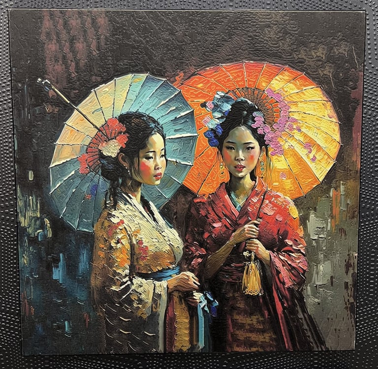 Close-up of Japanese Girls with Umbrella canvas texture on suede textile backing