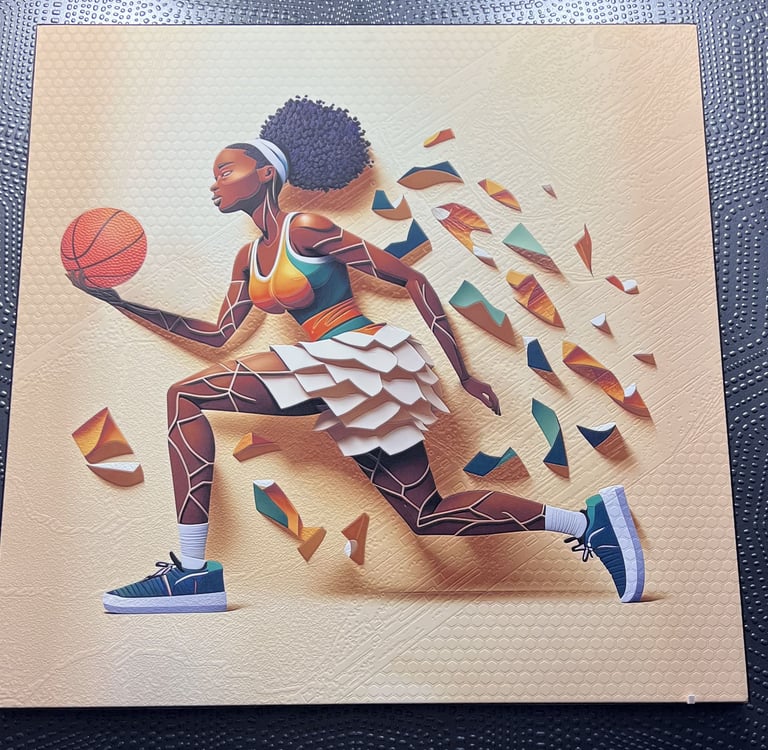 Close-up of Basketball Girl canvas texture on suede textile backing