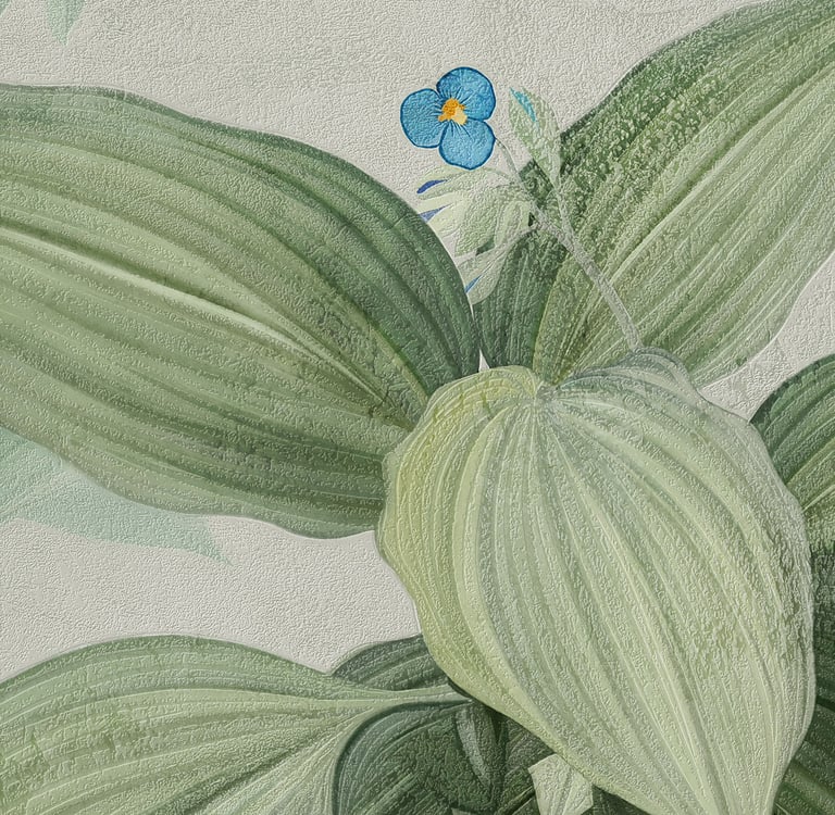 Close-up of Tropical Garden wall print in Dimense Pearlescent, Suede and Gold media