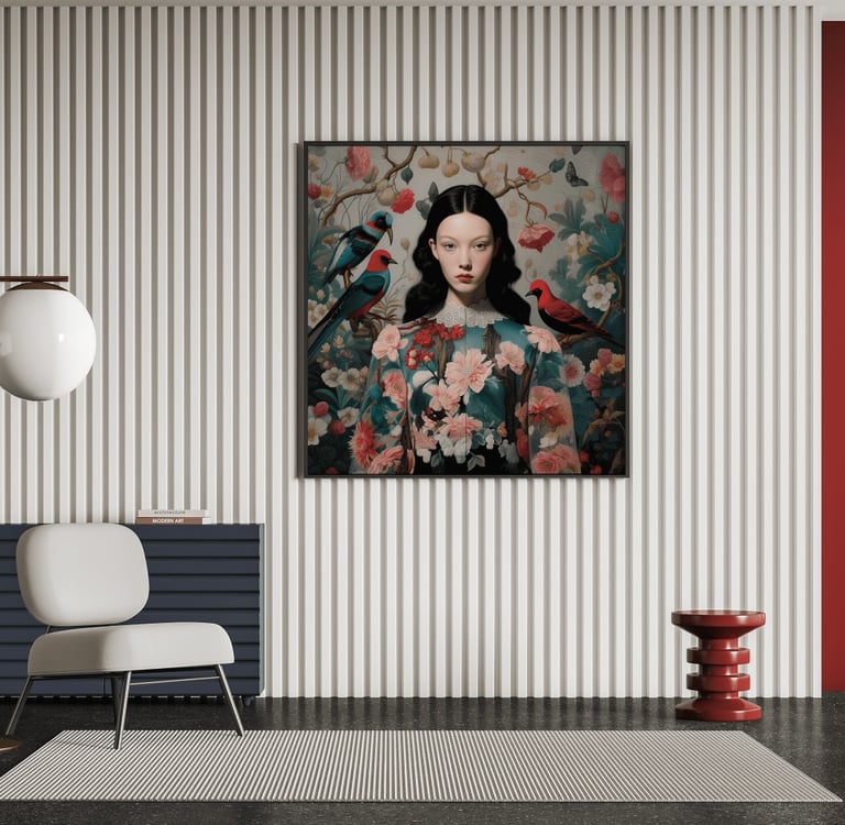 Woman with a Bird textured art canvas with textile backing