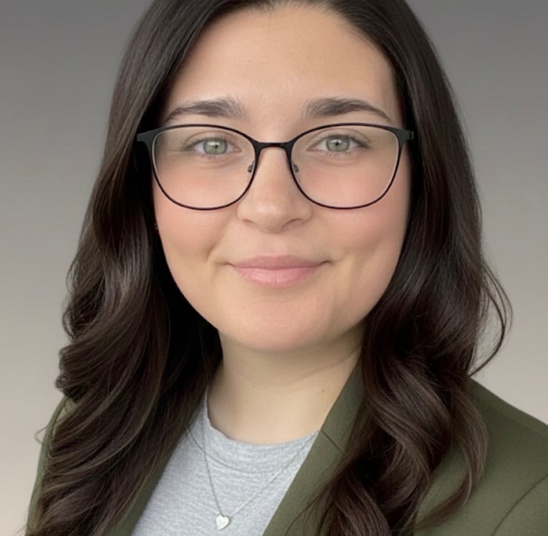 a woman in glasses and a green jacket