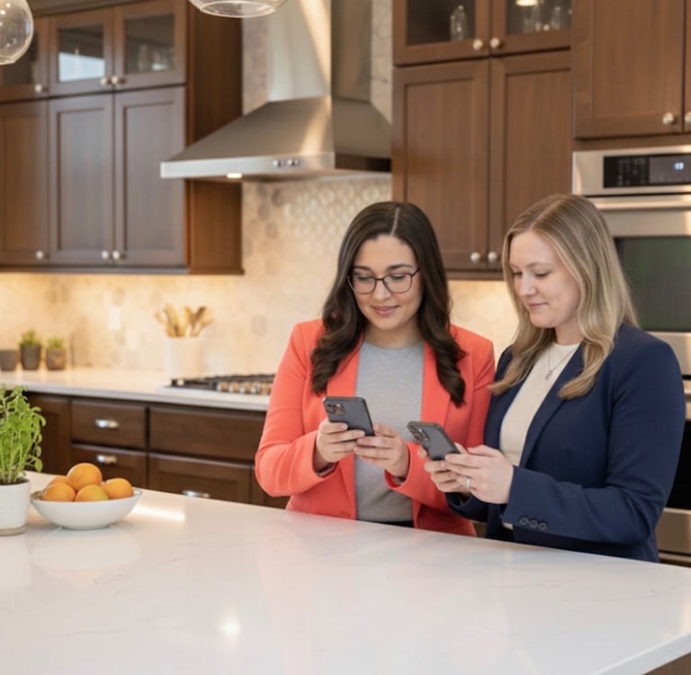 two women standing in a kitchen with a tablet and a tablet