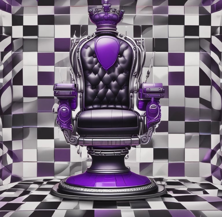A welcoming barber chair with black and purple accents reflecting a modern chess vibe.