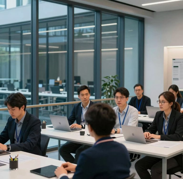 A collaborative group of tech experts in a Global / Tech Industry innovation hub. Modern architecture with steel blue glass panels and soft white desks, soft and clean high-end photography.
