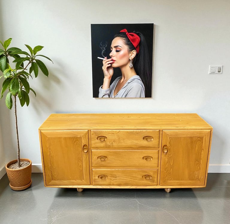 Ercol Model 455 sideboard, restored Mid-Century Modern teak cabinet with classic British design.