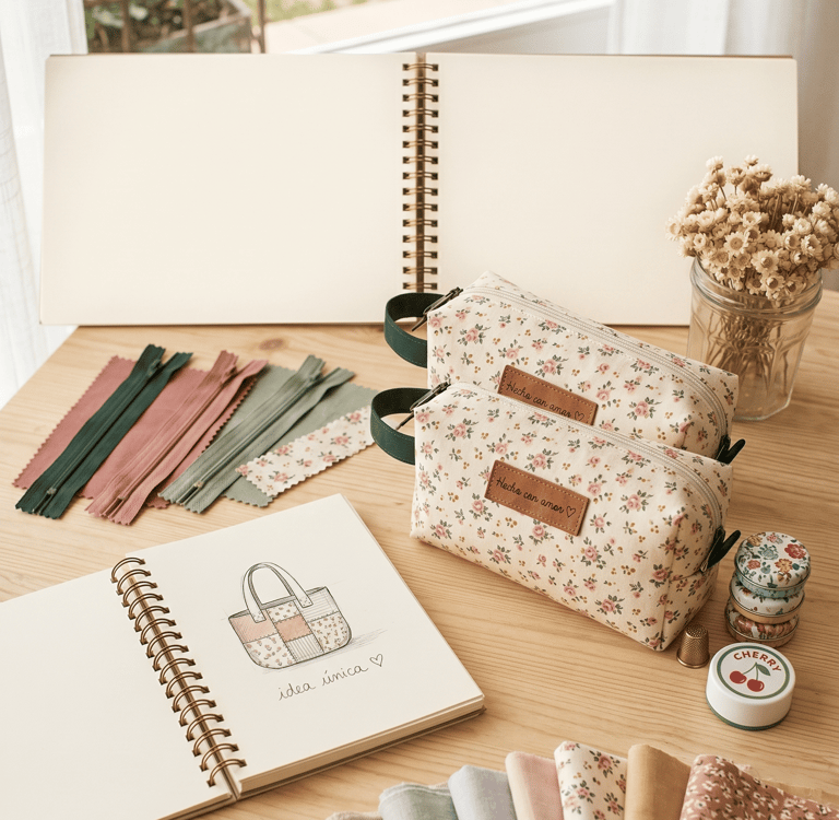 Floral handmade cosmetic bags on a wooden desk with sewing supplies, fabric swatches, and a design sketchbook.