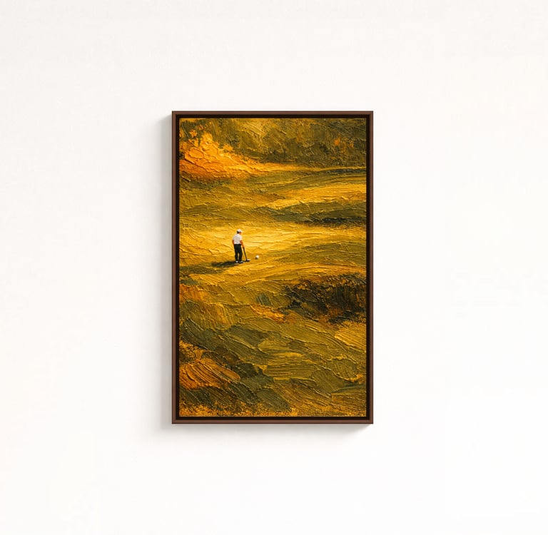 Original golf painting with lone golfer on course, heavy impasto texture in olive green and golden o
