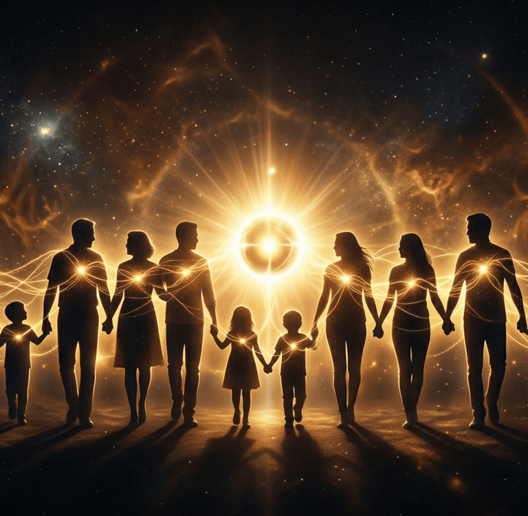 Silhouettes of a multi-generational family connected by glowing light energy in a cosmic space.