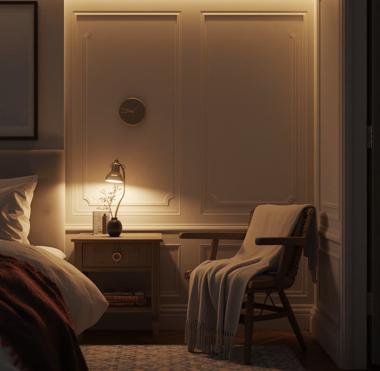 Cozy bedroom corner with wooden nightstand, warm lamp, and comfortable reading chair, perfect small