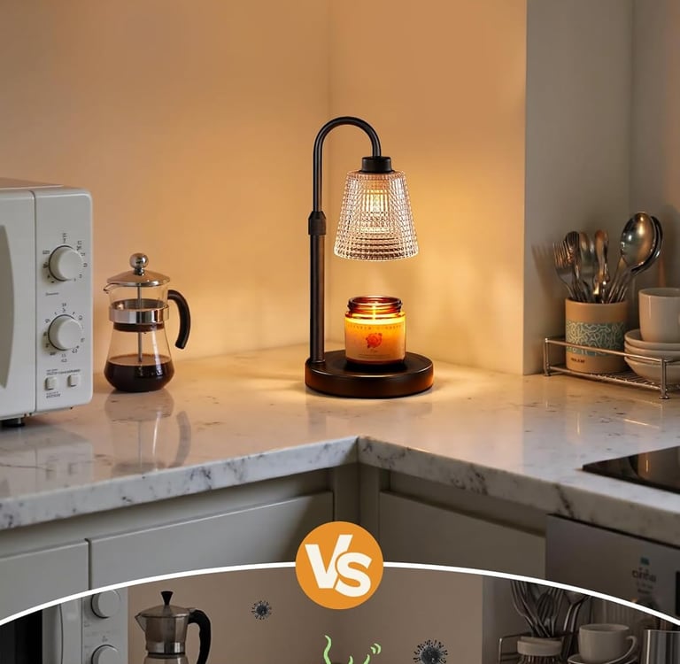 Electric candle warmer lamp on a marble kitchen countertop eliminating food odors with a scented jar candle.