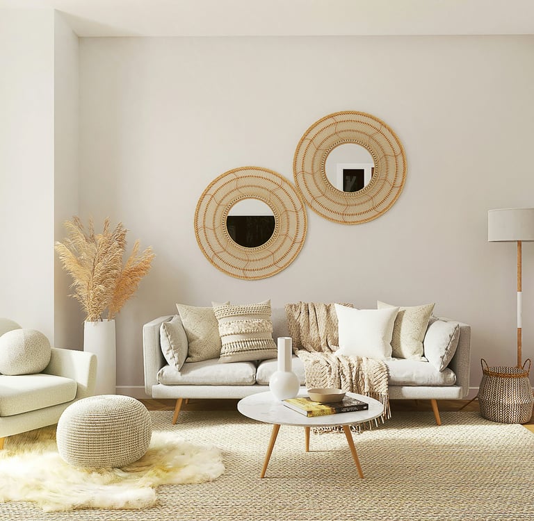 Modern boho living room featuring a grey sofa, woven wall mirrors, and neutral decor.