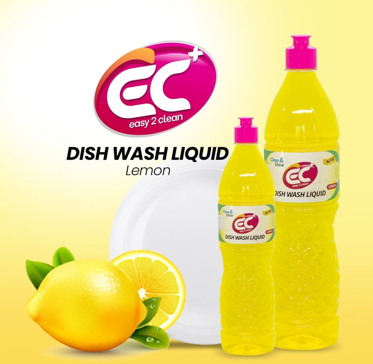 Easy 2 Clean lemon dish wash liquid bottles next to a fresh lemon and a clean white plate.