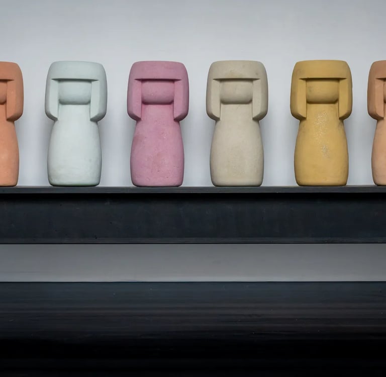 Sechs Kokeshis stehen nebeneinander auf einer Bank.