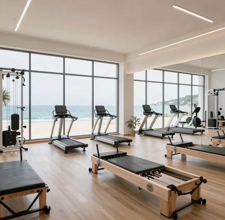 Minimalist shot of modern fitness equipment against an anthracite wall with glowing neon outlines.