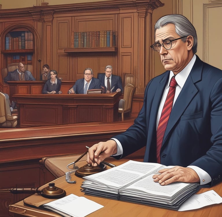 A calm, professional office setting with legal books neatly arranged on a shelf behind a polished wooden desk.
