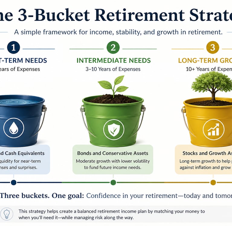 3-bucket retirement strategy infographic showing short-term cash, intermediate bonds, and long-term